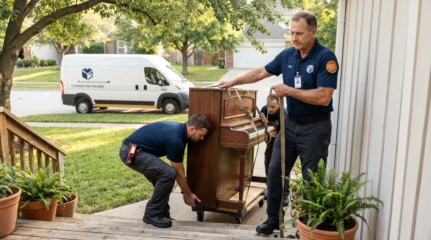 Licensed piano movers securing grand piano in Colfax, IL