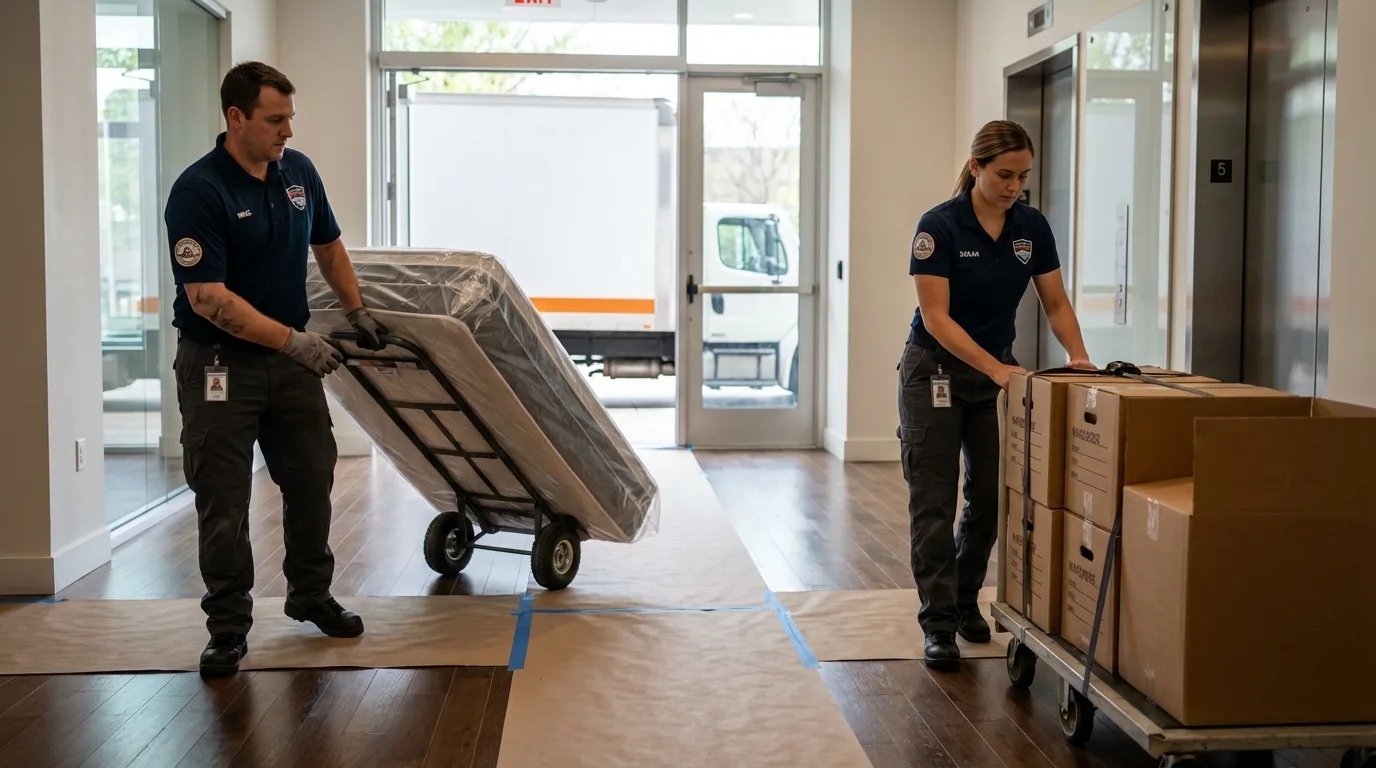 Professional apartment movers loading elevator in Colfax, IL