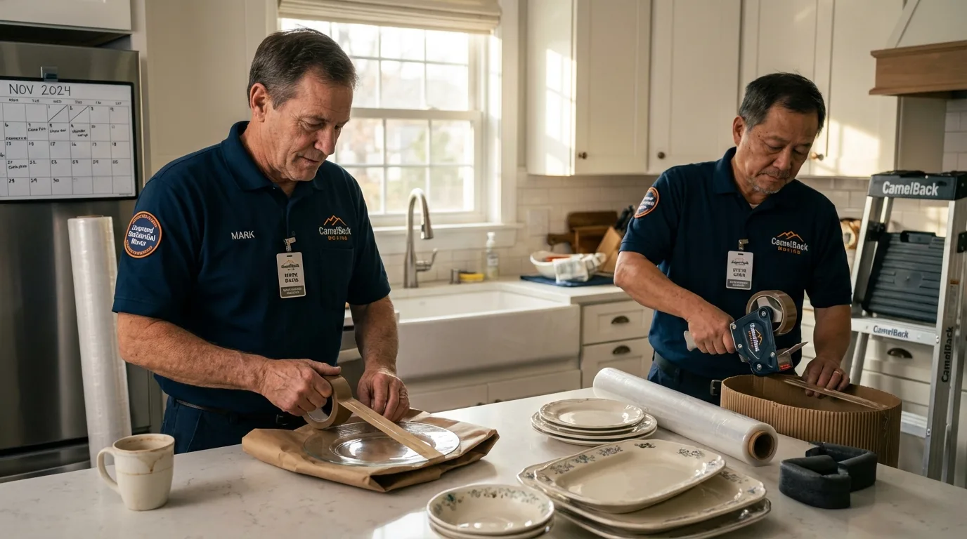 Professional crew packing kitchen dishware in Colfax, IL